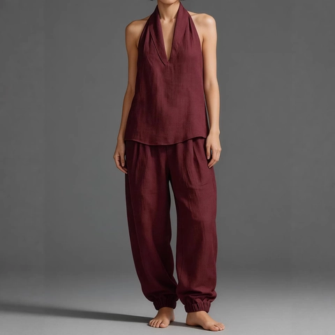 Women Halter V Neck Sleeveless Vest And Wide Leg Pants Suit Bamboo Linen Polyester Solid Color Casual Summer Top And Bottoms