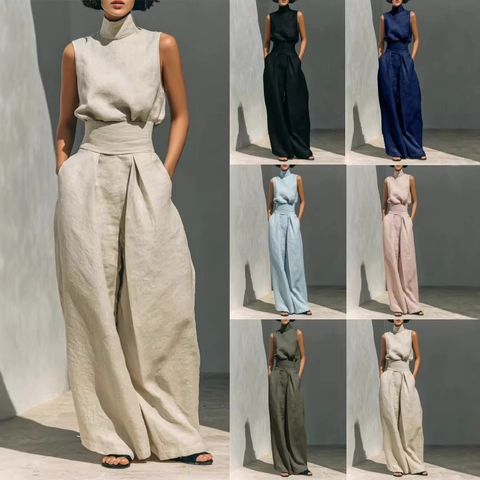 Damen Casual Baumwolle Leinen Top Und Hose Set Ärmellos Stehkragen Taillenbindung Tanktop Und Hohe Taille Weites Bein Hose Set