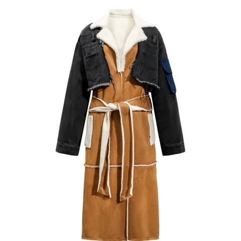 Cappotto Imbottito Lungo Patchwork Denim da Donna Giacca con Cappuccio Fodera in Finta Lana di Agnello Effetto Scamosciato Streetwear