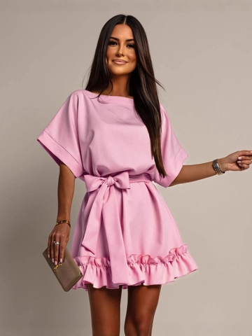 Women Elegant Short Sleeve Mini Dress Ruffle Hem Tie-Waist Round Neck Solid Color Polyester Summer Party Dress