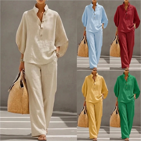 Women's Casual Cotton Blend Top And Bottom Set Elegant Commuter Loose V-Neck Button Shirt Wide Leg Pants Lounge Outfit