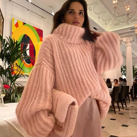 Suéter de Punto Grueso Oversize para Mujer Cuello Alto Tortuga Manga Linterna Pullover Holgado Invierno Cálido Top de Poliéster