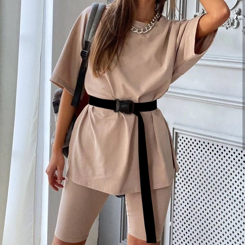 Camiseta de Manga Corta Extragrande Informal para Mujer Y Pantalones Cortos de Ciclista Con Cinturón Color Sólido