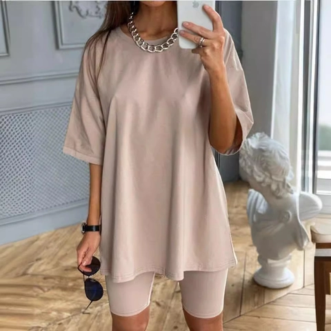Camiseta de Manga Corta Extragrande Informal para Mujer Y Pantalones Cortos de Ciclista Con Cinturón Color Sólido