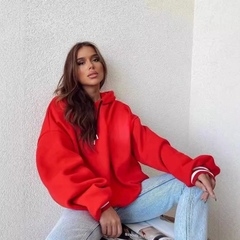 Women Oversized Hooded Sweatshirt Vintage USA Letter Print Long Sleeve Fleece Pullover Casual Loose Stripe Cuff Fashion Hoodie