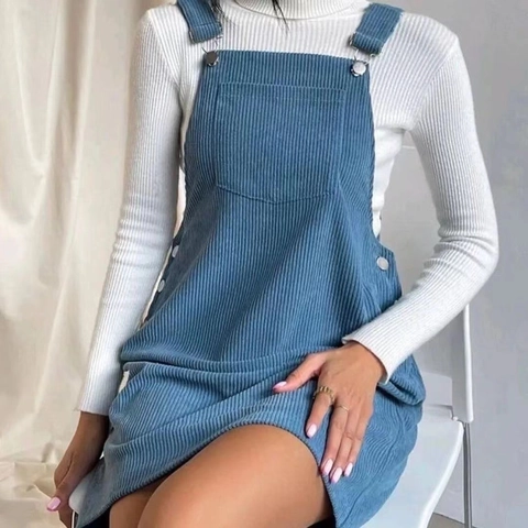 Women's Casual Corduroy Overall Pinafore Dress Solid Color Adjustable Straps Square Neck A-Line Mini Dress with Pockets