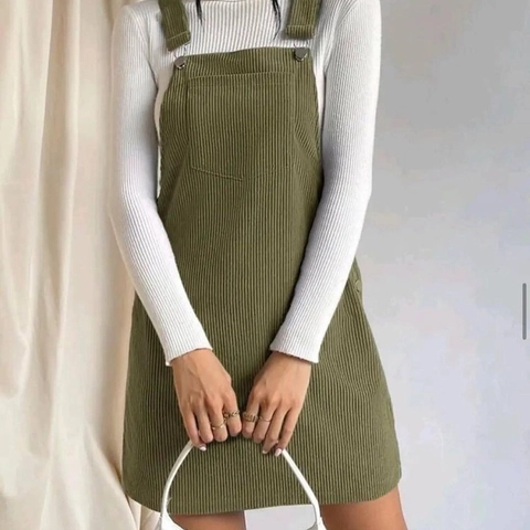 Women's Casual Corduroy Overall Pinafore Dress Solid Color Adjustable Straps Square Neck A-Line Mini Dress with Pockets