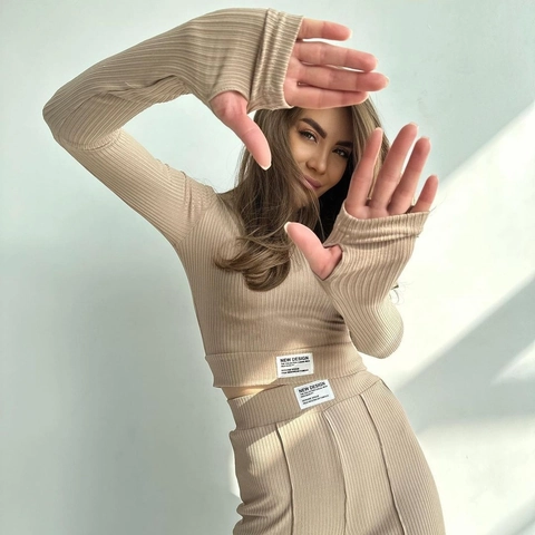 Women Casual Ribbed Knit Two Piece Set Long Sleeve Crop Top With Thumbholes And High Waist Wide Leg Pants Commuting Lounge Set