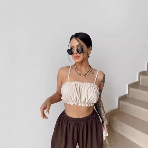 Women Sexy Ruffle Hem Smocked Cami Crop Top Spaghetti Strap Sleeveless Pleated Solid Color Summer Tank Top For Vacation
