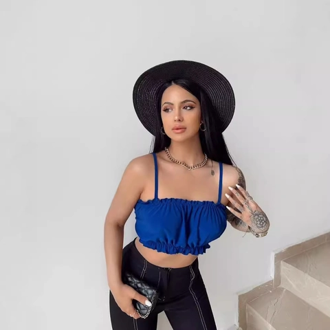 Women Sexy Ruffle Hem Smocked Cami Crop Top Spaghetti Strap Sleeveless Pleated Solid Color Summer Tank Top For Vacation