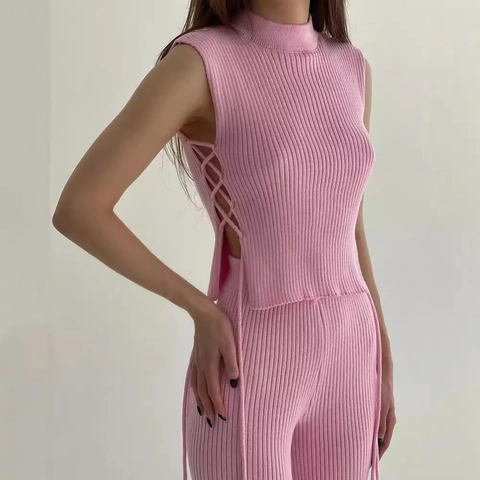 Completo Due Pezzi da Donna Sexy in Maglia a Coste Lupetto Senza Maniche Crop Top e Pantaloni Lunghi con Allacciatura Laterale