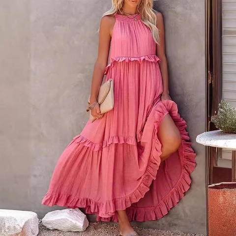 Women Summer Bohemian Halter Maxi Top Ruffle Tiered A-Line Beach Sun Top Solid Color Sleeveless Flowy Long Top