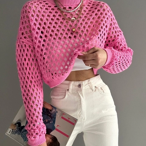 Women Casual Round Neck Hollow Out Crochet Knit Sweater Long Sleeve Loose Cropped Pullover Top Solid Color Knitwear
