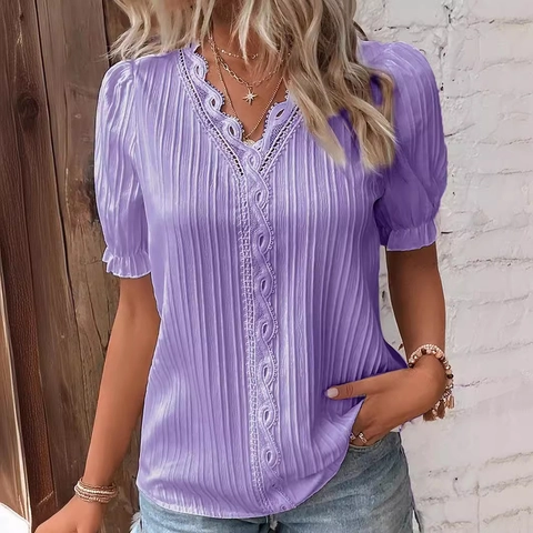 Women's Summer V-Neck Short Sleeve Blouse Casual Lace Hollow Out Pleated Shirt Elegant Solid Color Ruffle Cuff Top