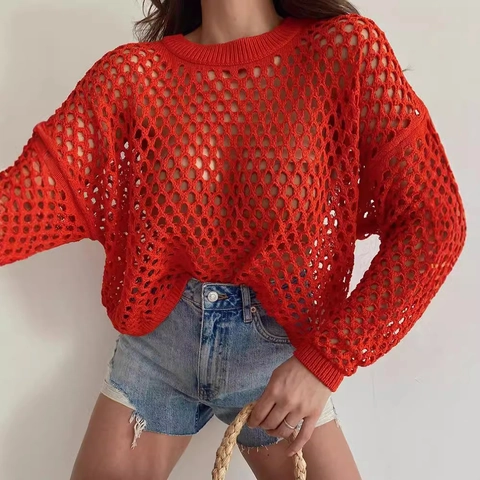 Women Casual Round Neck Hollow Out Crochet Knit Sweater Long Sleeve Loose Cropped Pullover Top Solid Color Knitwear