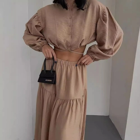Women Casual Skirt Set Crop Long Sleeve Button Up Shirt With High Split Midi Skirt Solid Color Polyester Two Piece Outfit