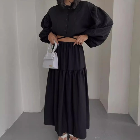 Women Casual Skirt Set Crop Long Sleeve Button Up Shirt With High Split Midi Skirt Solid Color Polyester Two Piece Outfit