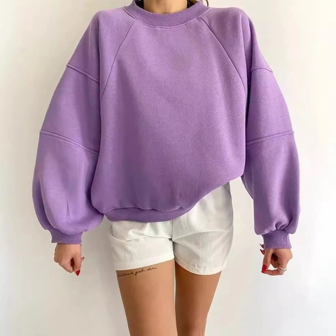 Sudadera de Cuello Redondo para Mujer Poliéster Hombros Caídos Manga Larga Color Sólido Casual Pullover Top Empalme Basic Oversized Ropa