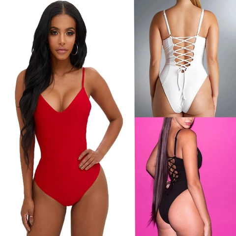 Costume Intero da Donna Sexy con Schiena Scoperta e Allacciatura Tinta Unita Body con Spalline Sottili Beachwear Sgambato