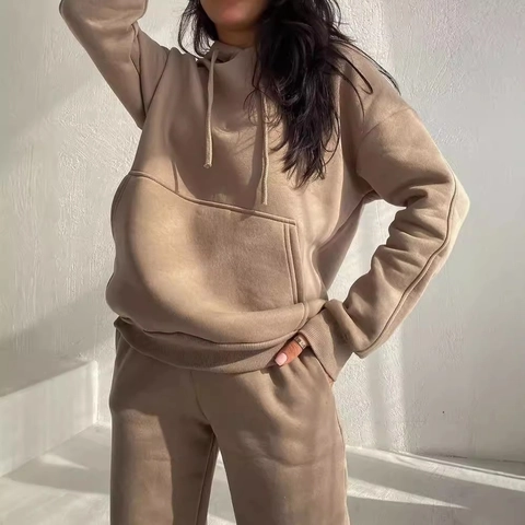 Set Felpa Con Cappuccio E Pantaloni Donna Casual Tinta Unita Foderato In Pile Moda Manica Lunga Con Coulisse Tuta