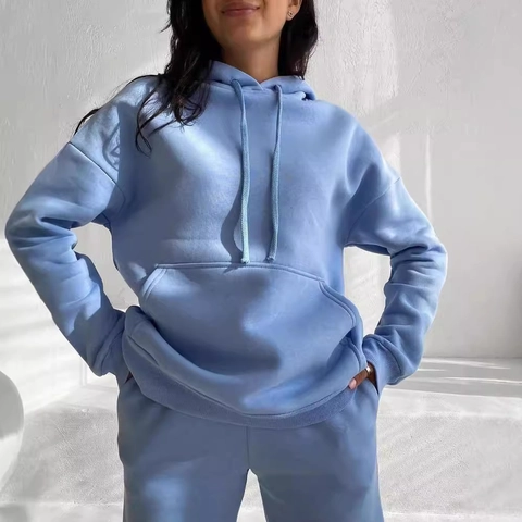 Set Felpa Con Cappuccio E Pantaloni Donna Casual Tinta Unita Foderato In Pile Moda Manica Lunga Con Coulisse Tuta