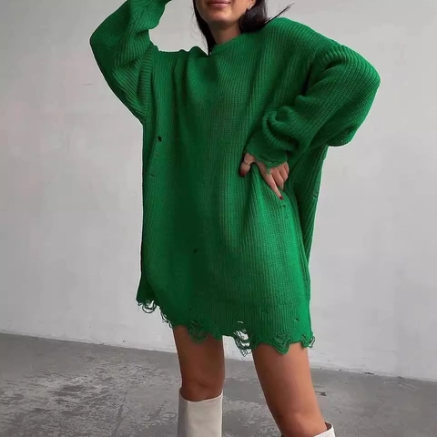 Γυναικείο Casual Oversized Πλεκτό Πουλόβερ Σκισμένο Μακρύ Μανίκι Στρογγυλή Λαιμόκοψη Streetwear Μεσαίο Μήκος Πλεκτά