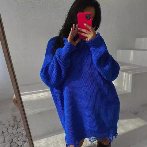 Γυναικείο Casual Oversized Πλεκτό Πουλόβερ Σκισμένο Μακρύ Μανίκι Στρογγυλή Λαιμόκοψη Streetwear Μεσαίο Μήκος Πλεκτά
