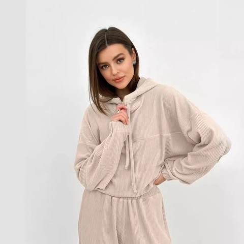 Ensemble Deux Pièces Décontracté en Velours Côtelé pour Femmes Sweat à Capuche Demi-Zip et Pantalon de Jogging Taille Haute