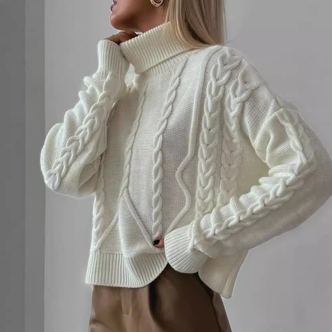 Maglione Casual Donna Collo Alto Treccia Autunno Inverno Manica Lunga Spesso Caldo Pullover Oversize Maglieria