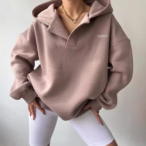 Women's Oversized V-Neck Polo Collar Fleece Lined Hoodie Letter Print Long Sleeve Loose Sweatshirt Autumn Winter Top