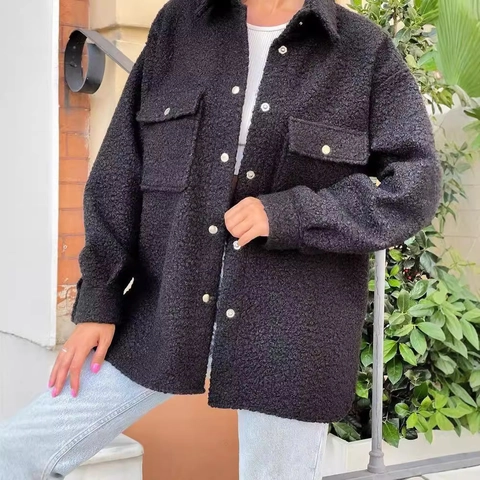 Women Casual Fleece Shacket Loose Fit Lapel Long Sleeve Button Down Jacket With Chest Pockets Warm Autumn Winter Outerwear