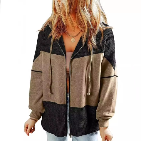 Women's Vintage Waffle Knit Color Block Hooded Jacket Casual Long Sleeve Patchwork Zip Up Sweatshirt Hoodies Outerwear Tops