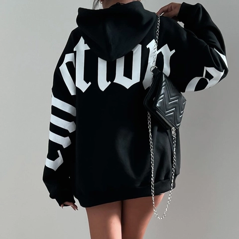 Γυναικείο Oversized Gothic Letter Print Hoodie Casual Χαλαρό Μακρυμάνικο Φούτερ Με Κουκούλα Λευκό Μαύρο Streetwear Top