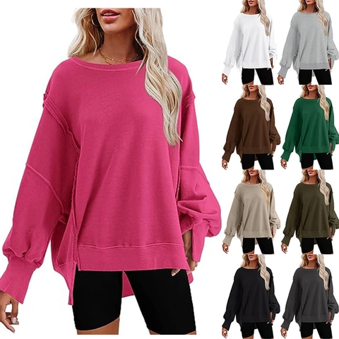 Γυναικείο Oversized Φούτερ Στρογγυλή Λαιμόκοψη Πλευρικό Σχίσιμο Μακρύ Μανίκι Φανάρι Εκτεθειμένες Ραφές Casual Τοπ