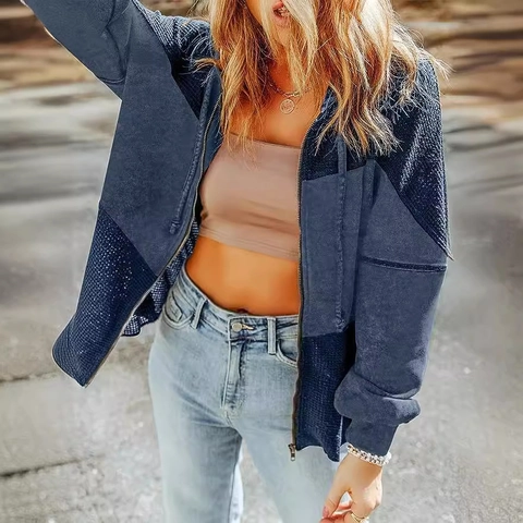 Women's Vintage Waffle Knit Color Block Hooded Jacket Casual Long Sleeve Patchwork Zip Up Sweatshirt Hoodies Outerwear Tops