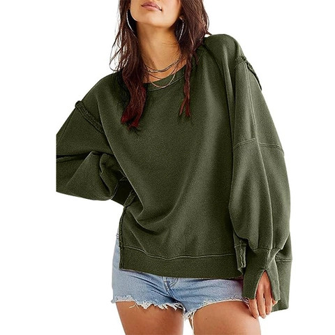 Γυναικείο Oversized Φούτερ Στρογγυλή Λαιμόκοψη Πλευρικό Σχίσιμο Μακρύ Μανίκι Φανάρι Εκτεθειμένες Ραφές Casual Τοπ