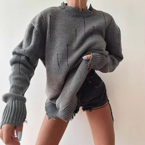 Suéter de Punto Distressed para Mujer Cuello Redondo Holgado Manga Larga Top Vintage Color Sólido Streetwear