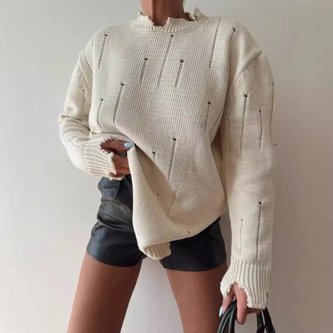 Suéter de Punto Distressed para Mujer Cuello Redondo Holgado Manga Larga Top Vintage Color Sólido Streetwear