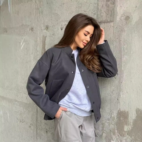 Giacca Casual da Donna con Collo alla Coreana e Bottoni Vestibilità Ampia Tinta Unita Streetwear Cappotto con Tasche Autunno