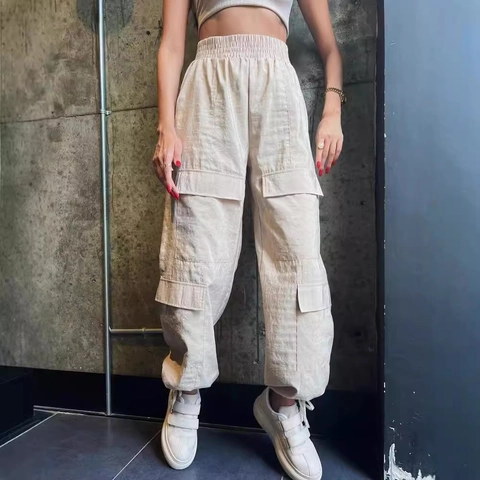 Women High Waisted Loose Cargo Pants With Multi Pockets Solid Color Casual Streetwear Jogger Trousers
