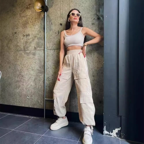 Women High Waisted Loose Cargo Pants With Multi Pockets Solid Color Casual Streetwear Jogger Trousers