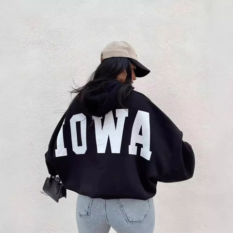 Women Casual Loose Letter Print Hoodie Fleece Lined Cropped Sweatshirt Streetwear Hooded Long Sleeve Top