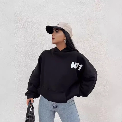 Women Casual Loose Letter Print Hoodie Fleece Lined Cropped Sweatshirt Streetwear Hooded Long Sleeve Top