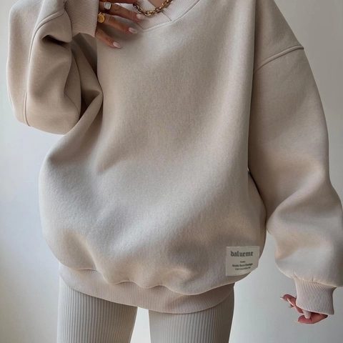 Women's Oversized V-Neck Hoodie Casual Drop Shoulder Long Sleeve Sweatshirt Loose Solid Color Pullover Top With Patch Detail