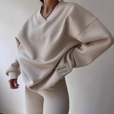 Women's Oversized V-Neck Hoodie Casual Drop Shoulder Long Sleeve Sweatshirt Loose Solid Color Pullover Top With Patch Detail
