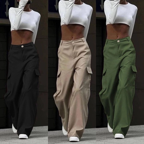 Pantaloni Cargo a Vita Alta da Donna in Fibra di Poliestere Vestibilità Larga Gamba Dritta Casual Con Tasche a Patta Streetwear