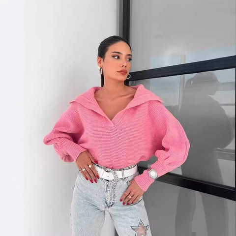 Maglione da Donna in Maglia a Costine Casual Manica a Lanterna Scollo a V con Revers Pullover Morbido Autunno Inverno