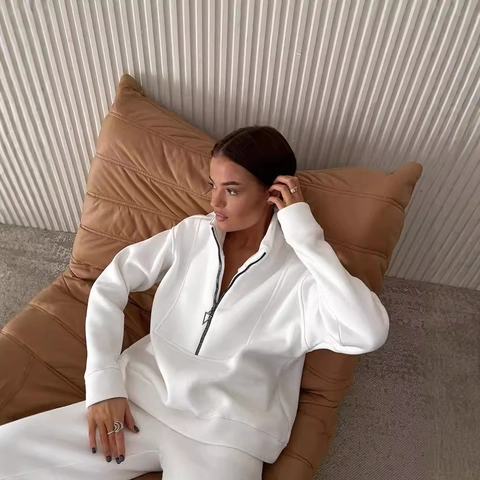 Tuta da Donna Casual in Poliestere con Mezza Zip Collo Alto Felpa Manica Lunga e Pantaloni a Gamba Larga Completo Loungewear