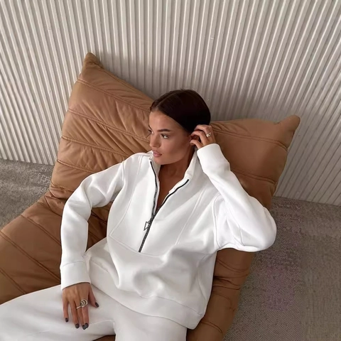 Tuta da Donna Casual in Poliestere con Mezza Zip Collo Alto Felpa Manica Lunga e Pantaloni a Gamba Larga Completo Loungewear