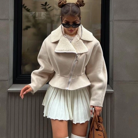 Dames Faux Shearling Peplum Jas Suède Revers Gevoerde Korte Moto Jas Rits Effen Kleur Warme Bovenkleding